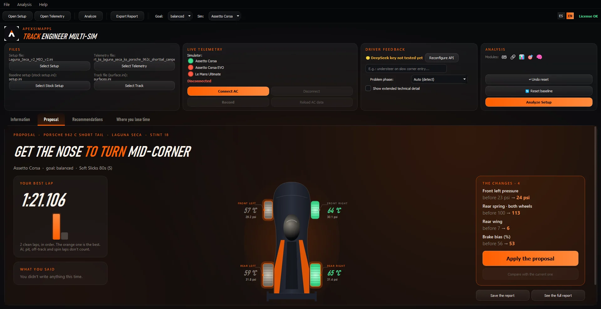 The program's Proposal screen: get the nose to turn mid-corner with four changes at once (front left pressure 23 to 24 psi, rear springs 100 to 113, rear wing 7 to 6, brake bias 56 to 53%), with the Apply the proposal button